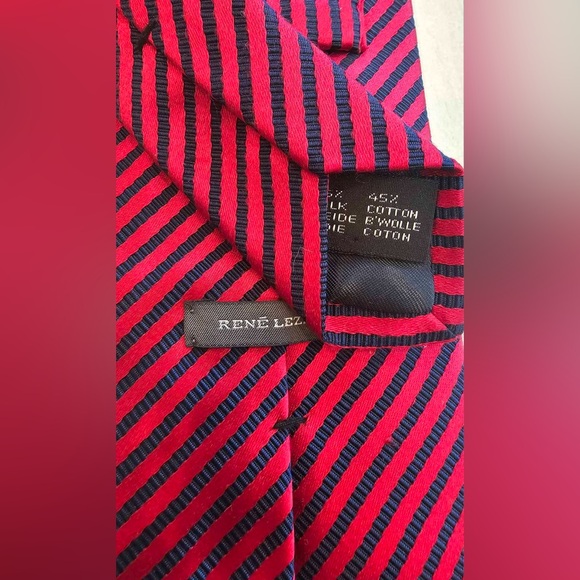 RENÉ LEZARD Tie Silk and Cotton Neck Tie Red and Navy Stripes Made in Italy - Picture 2 of 3